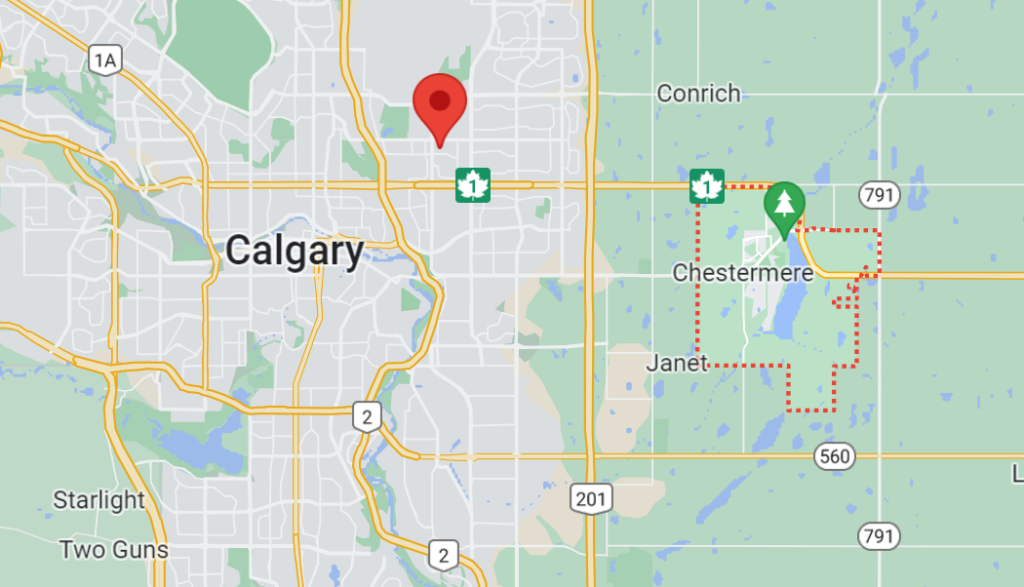 Map view of Chestermere and Calgary Alberta